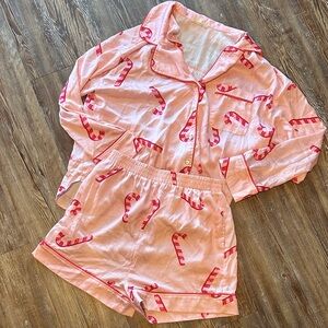 Peach Love Christmas holiday pajama pj set shorts button silky pink candy cane m